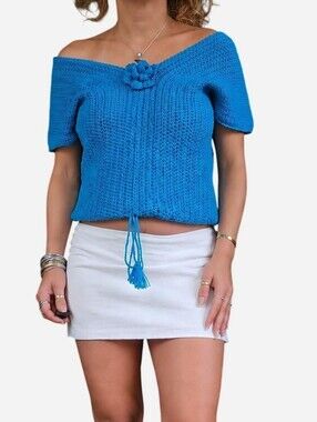 Aqua Teal Blue Crochet Knit Poncho Top Handmade XS/S